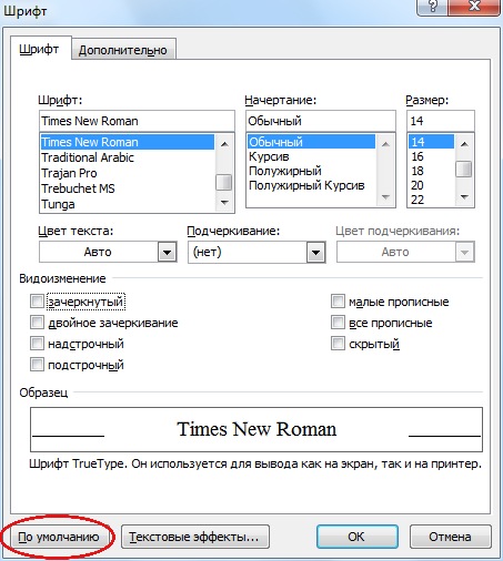 Окно Шрифт в Word. Изменение стандартного шрифта.