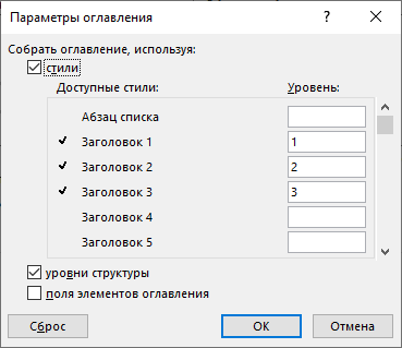 параметры оглавления