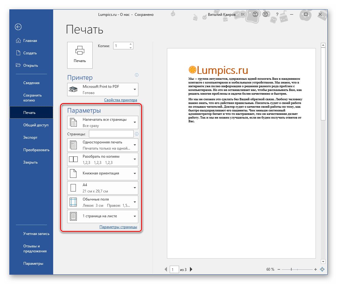 Определение дополнительных параметров печати документа в Microsoft Word