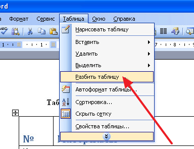 меню Таблица – Разбить таблицу