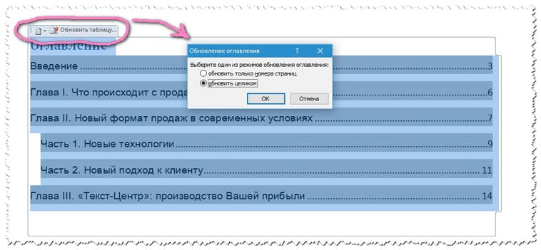 Порядок обновления оглавления в редакторе Word
