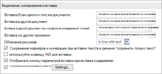 Копирование : параметры в области вклейки в Word