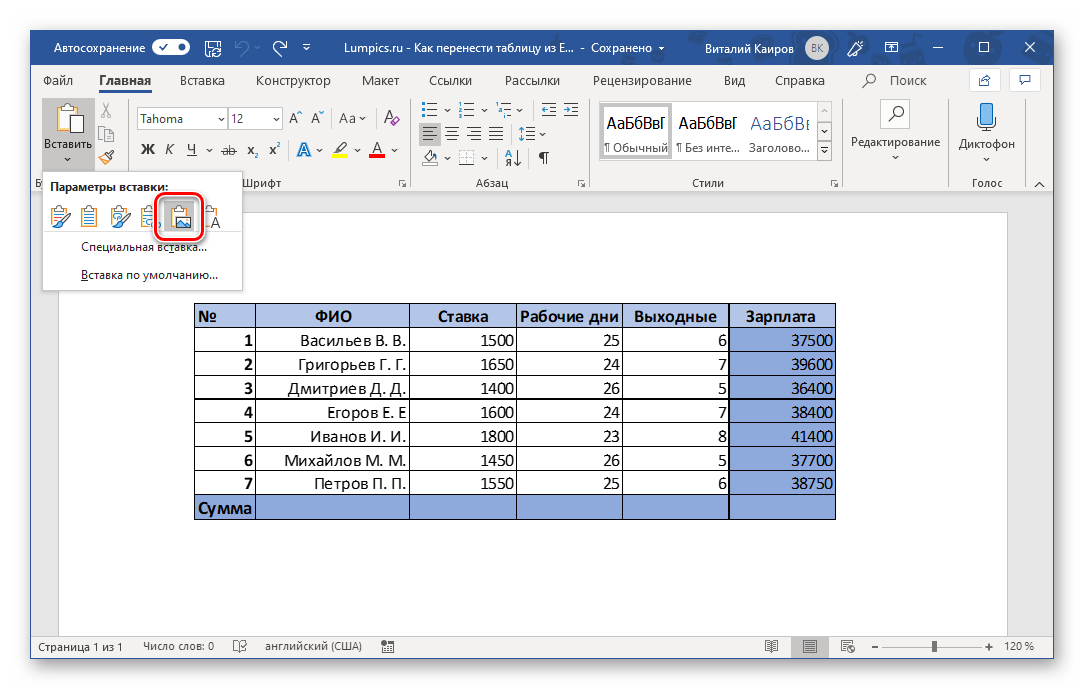 Вставить таблицу в виде рисунка в Microsoft Word