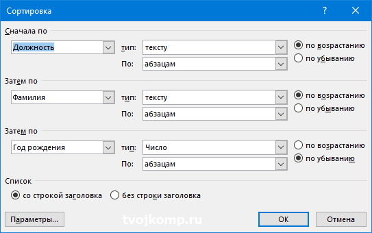 сортировка по ключу в таблице
