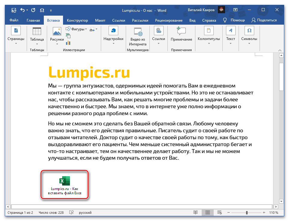 Результат вставки файла с таблицей Excel в виде объекта в текстовом документе Word