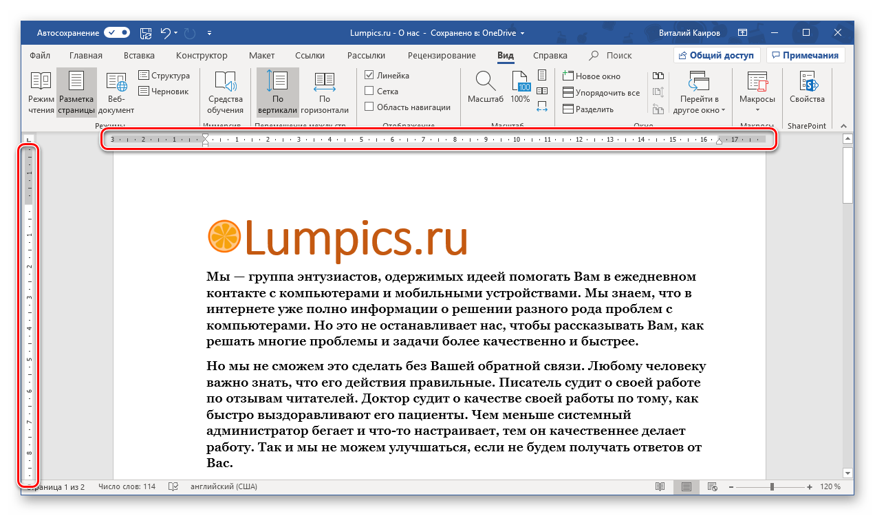Успешное включение отображения линейки в программе Microsoft Word