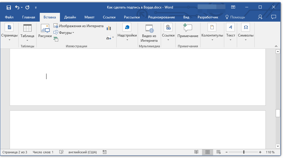 как сделать подпись под чертой в word