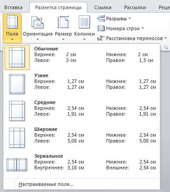 Коллекция полей в группе «Параметры страницы» на вкладке «Макет страницы»