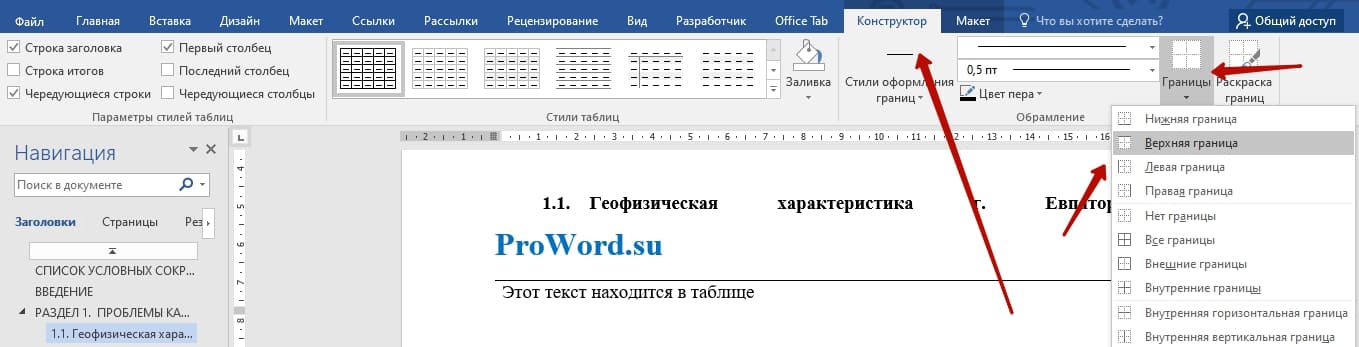 верхнее подчеркивание через таблицу