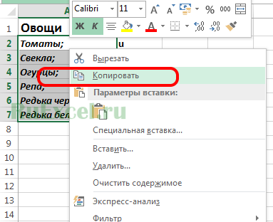 Копирование овощей для транспонирования