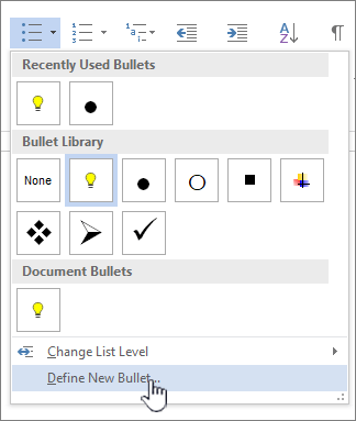 Drop down bullet with Define New Bullet highlihted