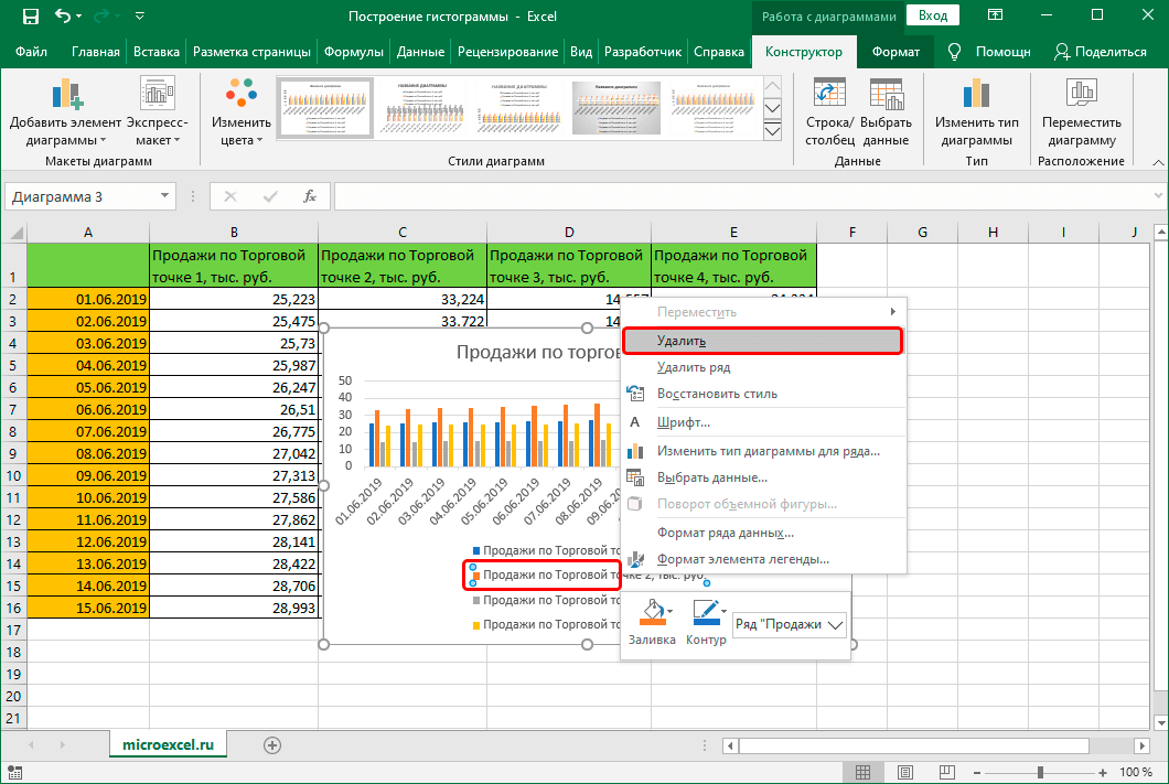 Удаление легенды гистограммы в Excel